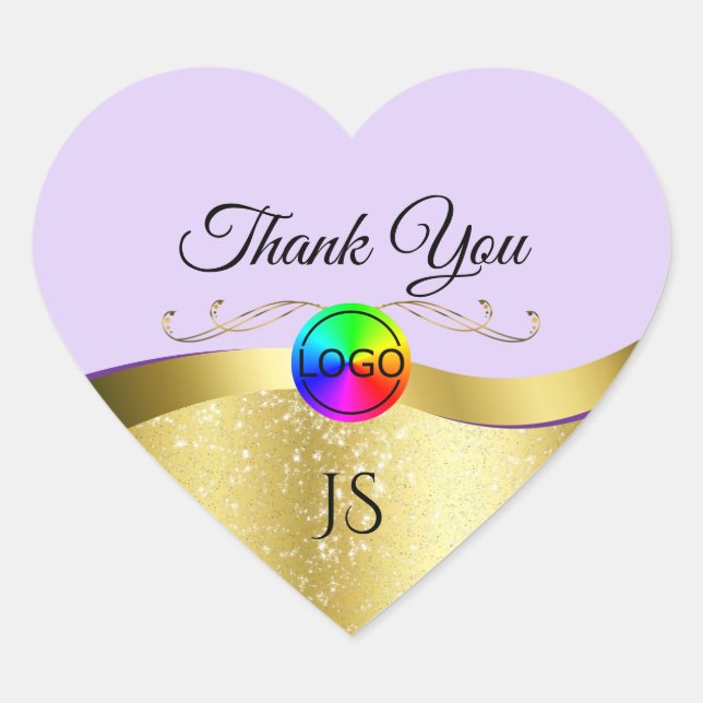 Light Lilac Wavy Gold Thank You with Logo Monogram Heart Sticker (Front)
