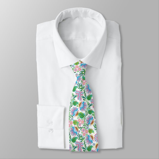Light Linden Flower Blue Purple Pink White Floral Tie (Tied)