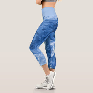 Light Medium Dark Blue Marble Swirls Art Pattern Capri Leggings