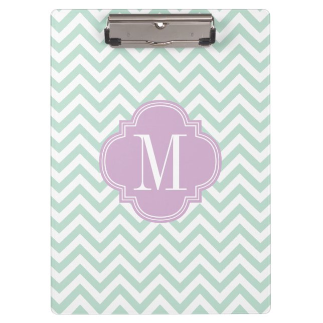 Light Mint Chevron Zigzag Personalised Monogram Clipboard (Front)