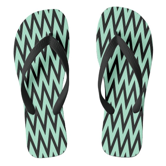 Light Mint Green and Black Zigzag Flip Flops (Footbed)