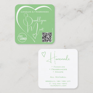 Light Mint Green Calligraphy Heart Logo QR Code  Square Business Card