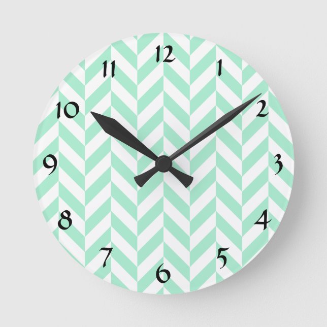 Light Mint Green Chevron Pattern Round Clock (Front)
