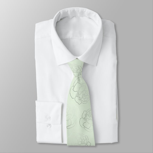 Light Mint Green Silver Floral Wedding Tie (Tied)