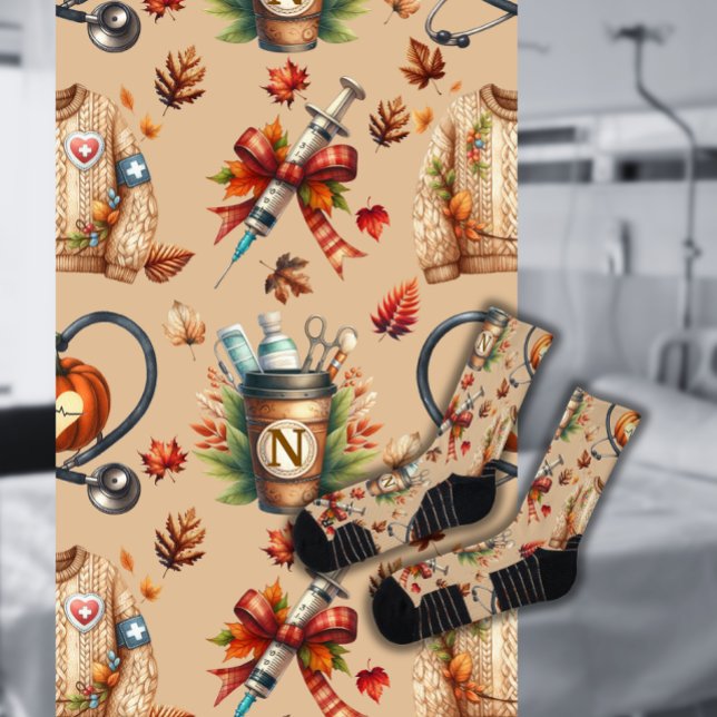 Light Mocha Monogram Nurse Essentials Crew Socks (Creator Uploaded)