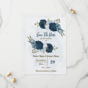 light &navy blue flowers botanical wedding save the date