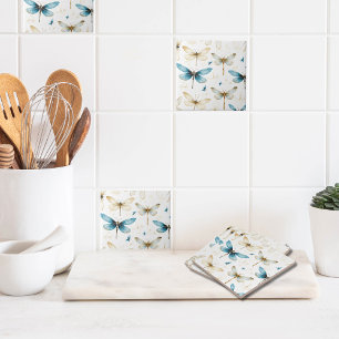 Light Navy   Ivory   Dragonflies and Butterflies  Tile