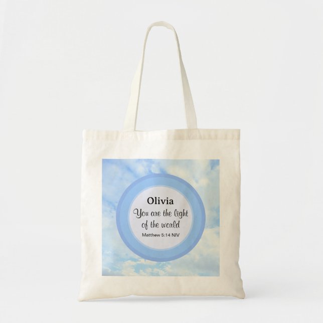 Light of the World Baby Blue Bible Verse Name Tote Bag (Front)