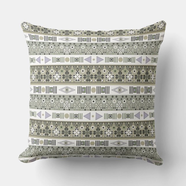 Light olive gray ethnic striped ornament cushion (Front)