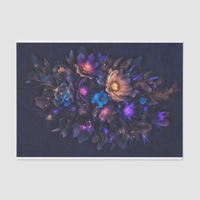 Light orange, deep purple, blue and dark flowers tissue paper (Front)