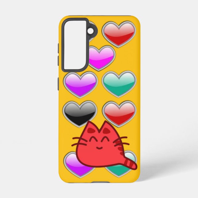 Light Orange Galaxy Case – Red Cat & Heart Design (Back)