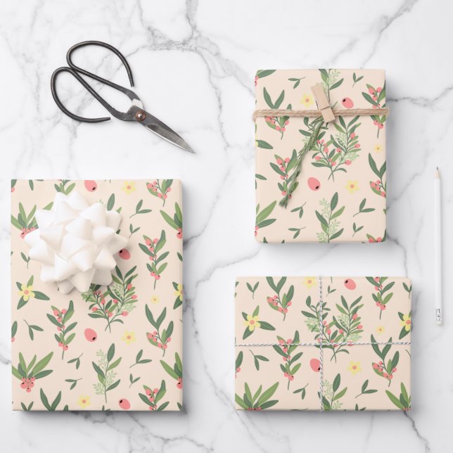 Light Orange, Green & Salmon Olive Branch Pattern Wrapping Paper Sheet (Front)