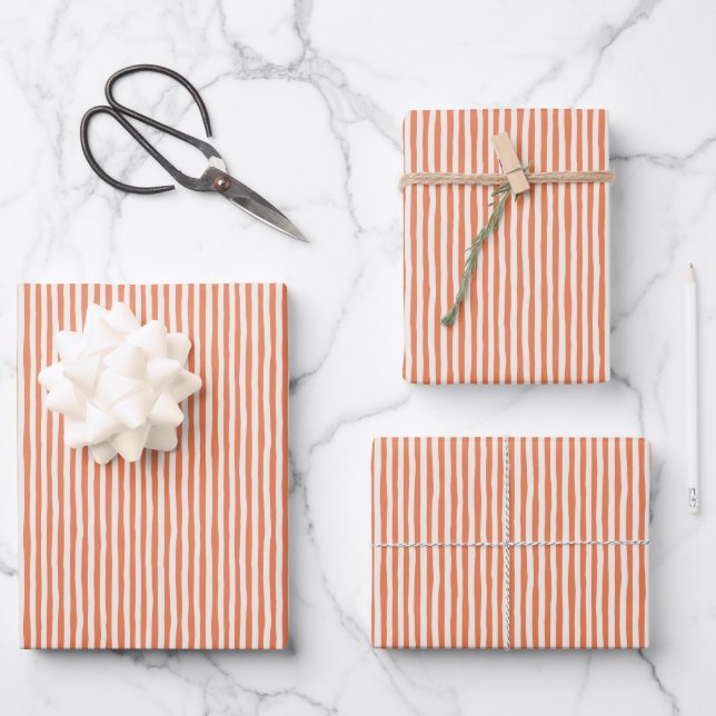 Light Orange & Ivory Wonky Stripes Wrapping Paper Sheet (Front)