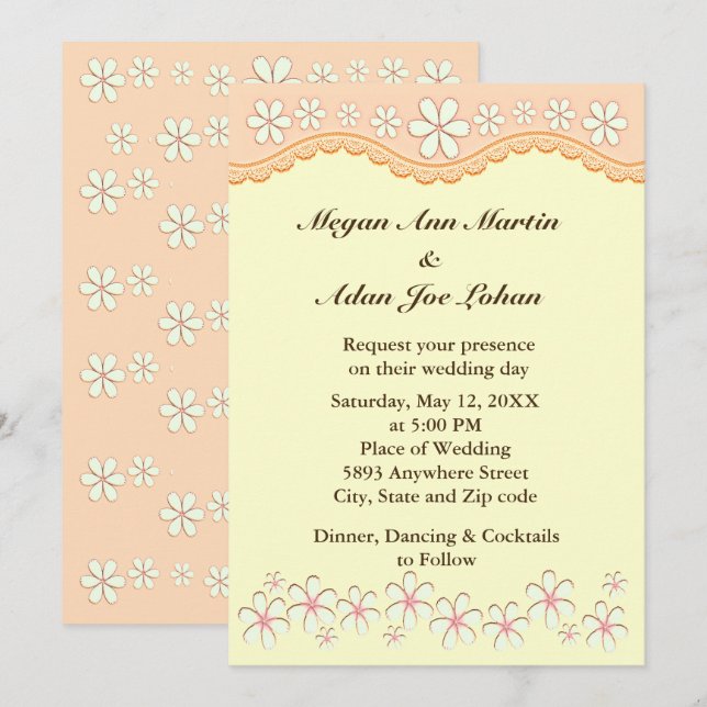 Light Orange Six Petal Flower Wedding Invitation (Front/Back)