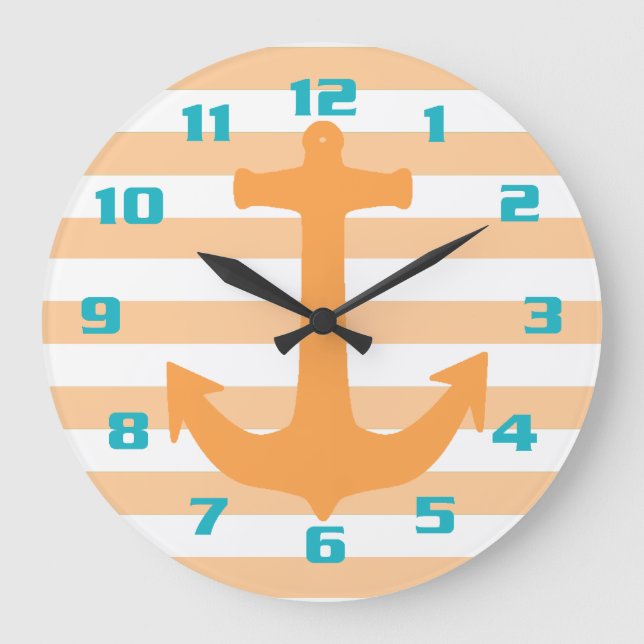 Light Orange Stripes and Anchor Teal Numbers Large Clock (Front)