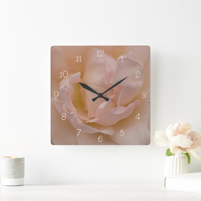 Light Pale Pink Fancy Rose Flower Square Wall Clock (Home)