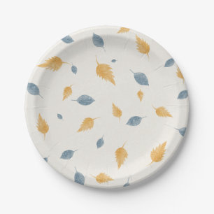 Light Pastel Blue and Brown Autumn Leaves Pattern Paper Plate