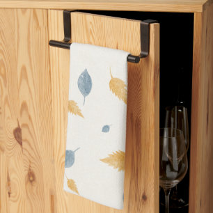 Light Pastel Blue and Brown Autumn Leaves Pattern Tea Towel