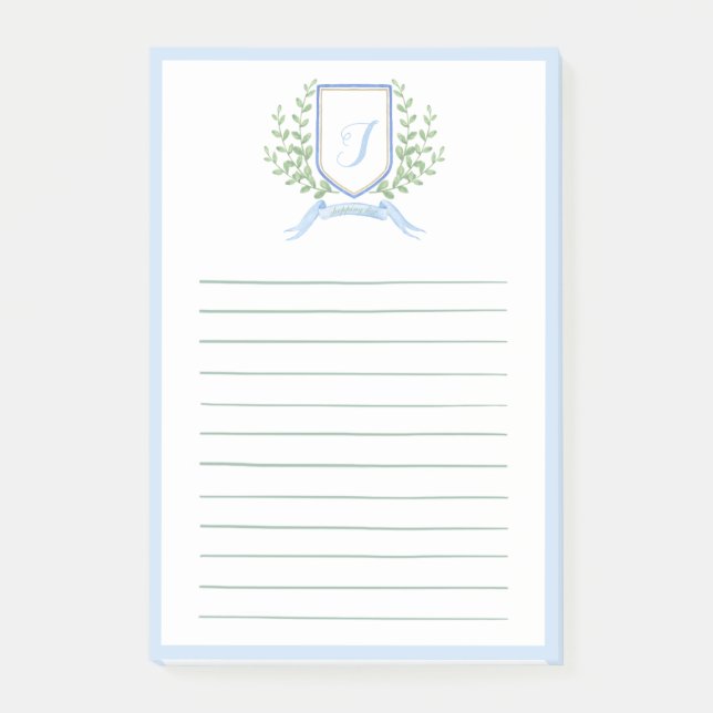 Light Pastel Blue Monogram Crest Shopping List Post-it Notes (Front)