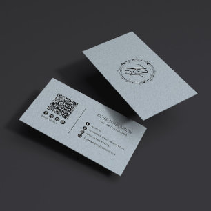Light Pastel Blue Monogram QR & Social Media Business Card