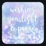 Light & Peace- Blue Sparkles Happy Hanukkah Square Sticker<br><div class="desc">NewParkLane - Glamourous Hanukkah Stickers,  with blue sparkling,  glittering lights and quote 'wishing you light & peace' in a script typography. The backside says: 'happy hanukkah' in blue script.</div>
