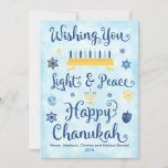 Light & Peace Happy Chanukah<br><div class="desc">A Jewish Hanukkah theme card with a menorah,  Star of David and Driedel. The text reads Wishing You Light & Peace Happy Chanukah. The background is a light blue watercolor wash. Click Customise It to personalise the back with your own message,  photo and/or company logo.</div>