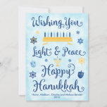 Light & Peace Happy Hanukkah Holiday Card<br><div class="desc">A Jewish Hanukkah theme card with a menorah,  Star of David and Driedel. The text reads Wishing You Light & Peace Happy Hanukkah. The background is a light blue watercolor wash. Click Customise It to personalise the back with your own message,  photo and/or company logo.</div>