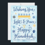 Light & Peace Happy Hanukkah Holiday Card<br><div class="desc">A Jewish Hanukkah theme card with a menorah,  Star of David and Driedel. The text reads Wishing You Light & Peace Happy Hanukkah. The background is a light blue watercolor wash. Click Customise It to personalise the back with your own message,  photo and/or company logo.</div>