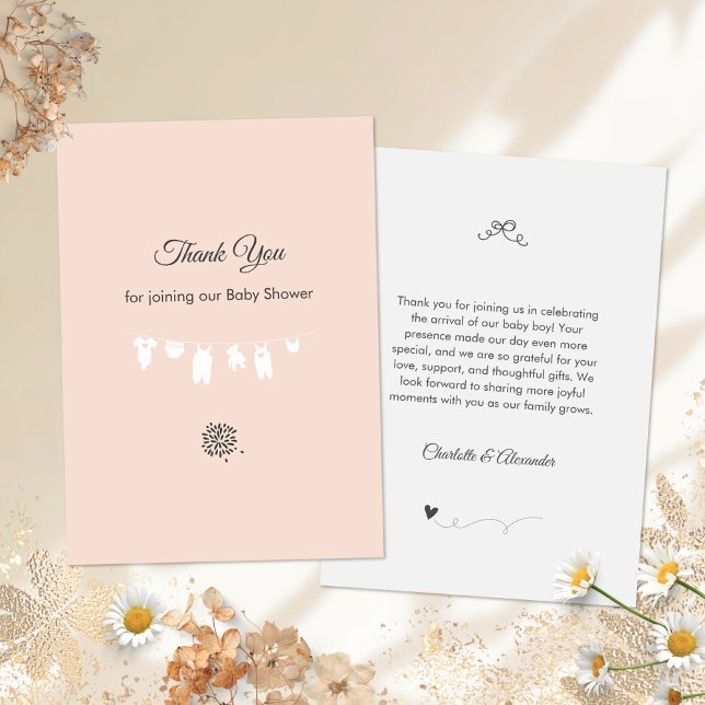 Light Peach Minimalist Baby Girl Shower Thank You Card (Minimalist Peach Clothesline Baby Girl Shower Thank You Card ©Susanne Sachers - Sunny Mind Design 🌞)