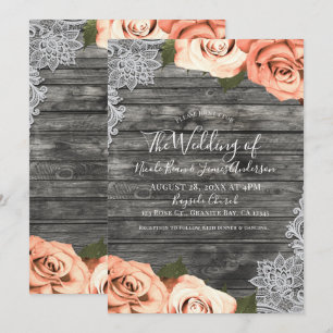 Light Peach Roses Grey Rustic White Lace Wedding Invitation