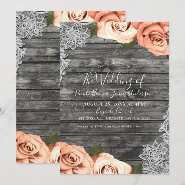 Light Peach Roses Grey Rustic White Lace Wedding Invitation (Front/Back)