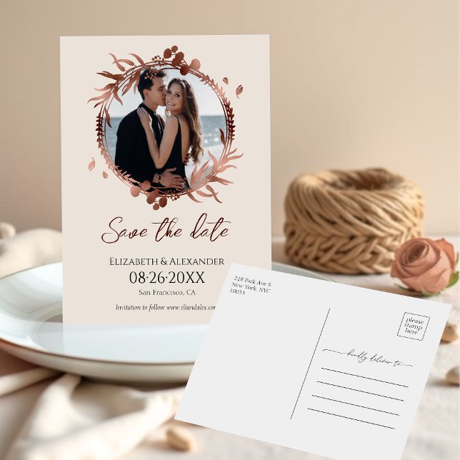 light peach Wreath Photo Save The Date Postcard (Creator Uploaded)