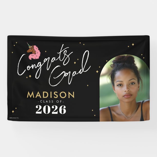 Light Pink Afro Unicorn Graduation Banner (Horizontal)