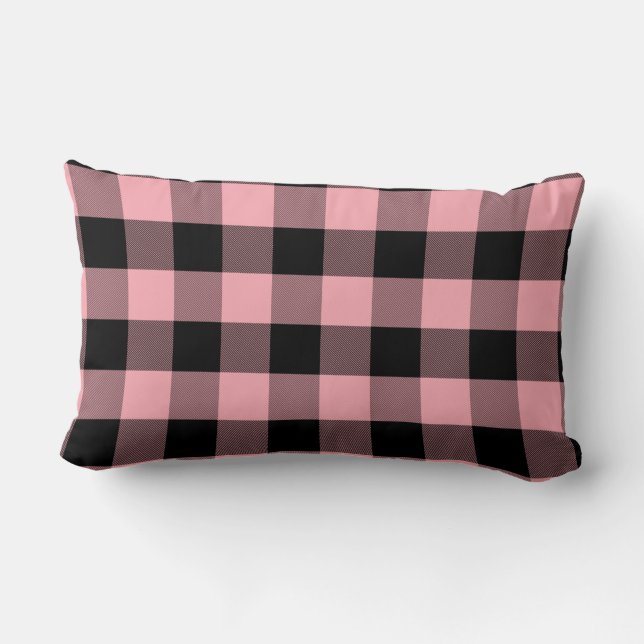 Light Pink and Black Buffalo Plaid Lumbar Cushion (Back)