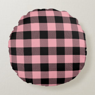 Light Pink and Black Buffalo Plaid Round Cushion