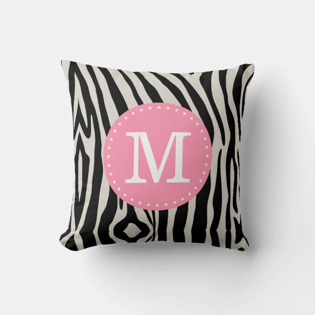 Light Pink and Black Zebra Stripe Custom Monogram Cushion (Front)