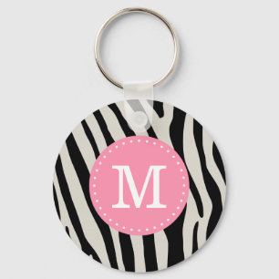 Light Pink and Black Zebra Stripe Custom Monogram Key Ring