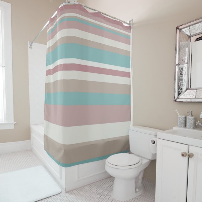 Light Pink and Blue Stripes Shower Curtain (In Situ)