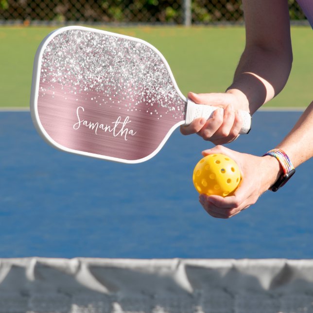 Light Pink and Glittery Silver Glam Script Name Pickleball Paddle (Insitu)