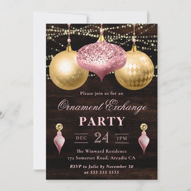 Light Pink and Gold Christmas Ornament Exchange Invitation (Front)