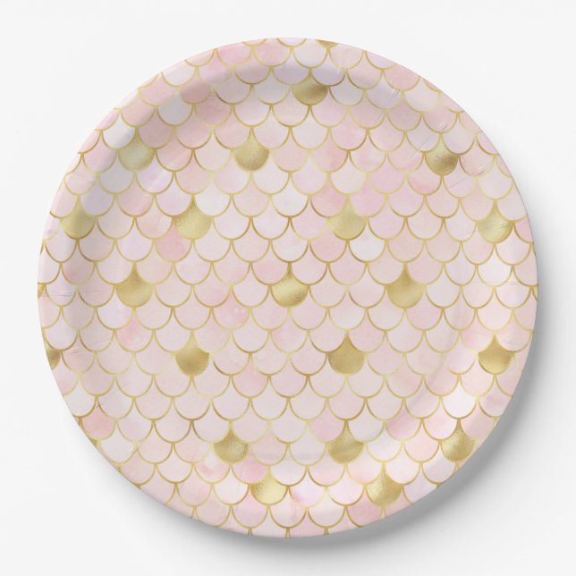 Light PInk and Gold Mermaid Scales Paper Plates (Front)