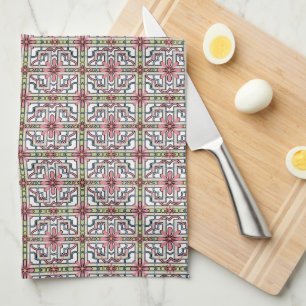Light Pink and Green Floral Tile Pattern Pretty Tea Towel