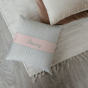 Light Pink and Green Striped Custom Name Cushion