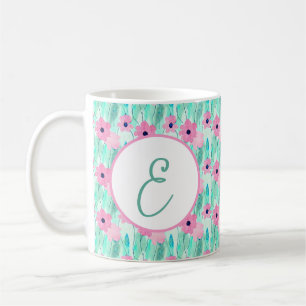 Light pink and green watercolor floral monogram coffee mug