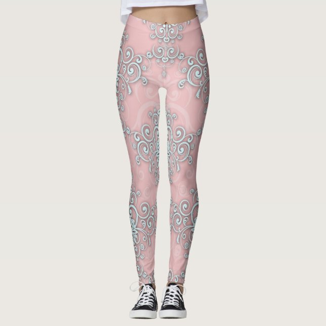 Light Pink and Grey Damask Boho Style Leggings (Front)