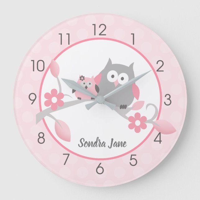 Light Pink and Grey Happy Owls Girl Nursery Large Clock (Front)