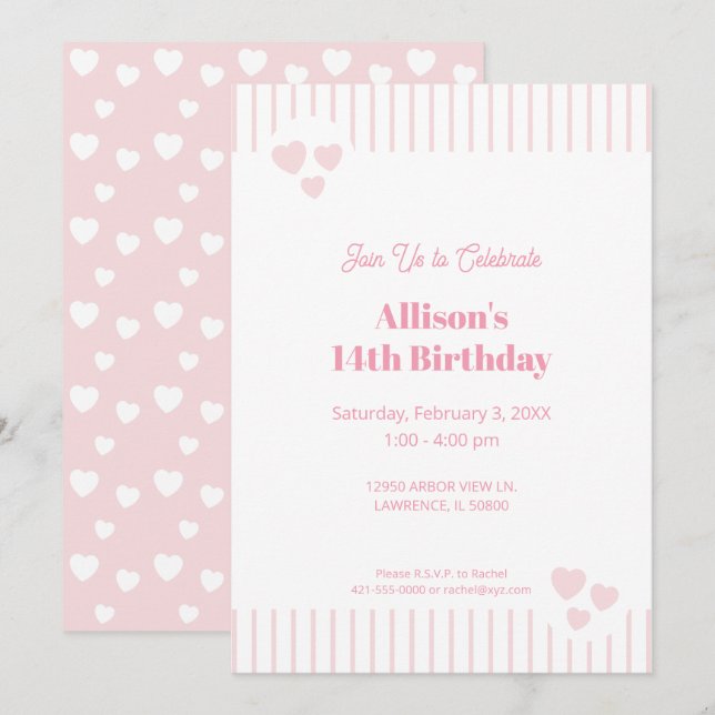 Light Pink and Hearts, birthday, shower, party Invitation (Front/Back)