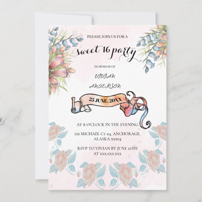 Light Pink and milky way banner floral sweet 16 BD Invitation (Front)