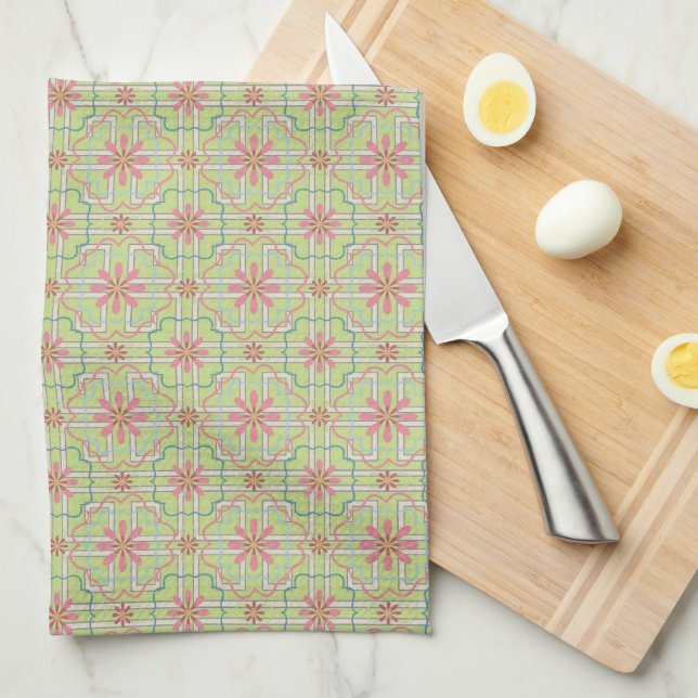 Light Pink and Mint Green Floral Lovely Tea Towel (Quarter Fold)