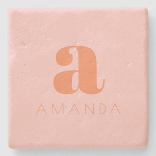 Light Pink and Orange Modern Monogram with Name Stone Coaster